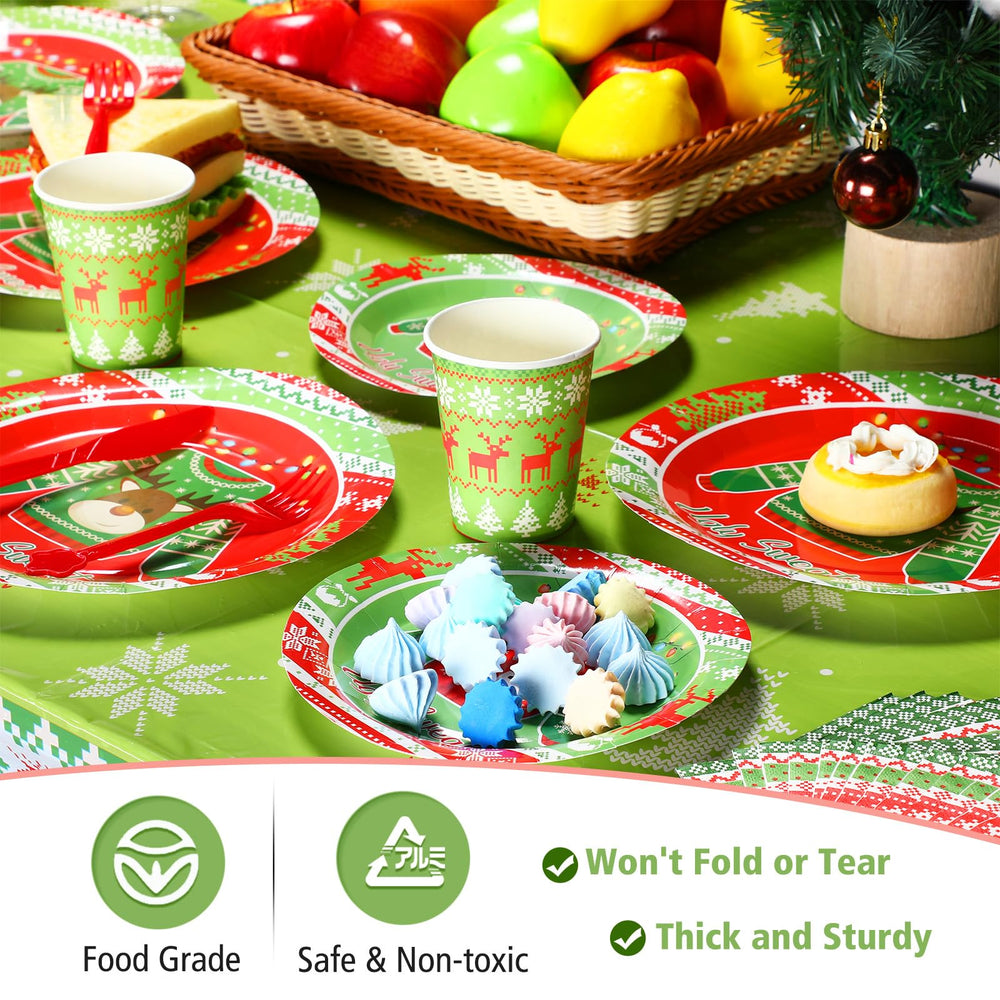 Tiamon Christmas tablecloths and banner add a bold, festive backdrop to your party.