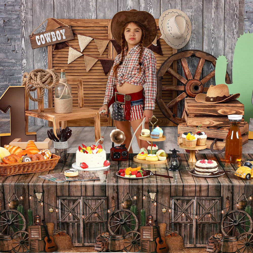 Tiamon tablecloth showcases barn-inspired design for cowboy party setups.