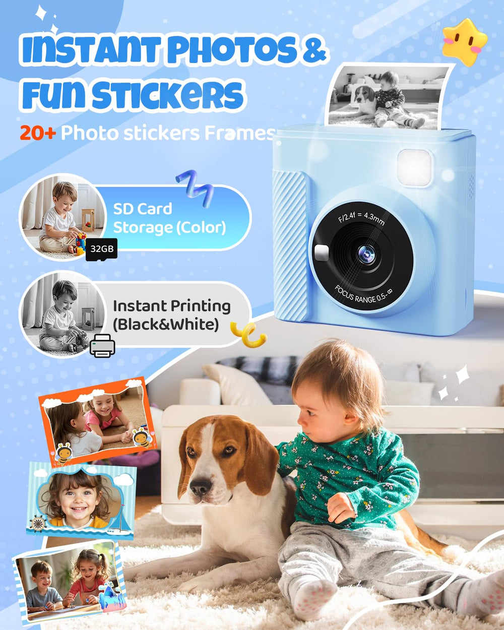TIATUA Kids Instant Print Camera 1080p video display captures vivid memories for kids.