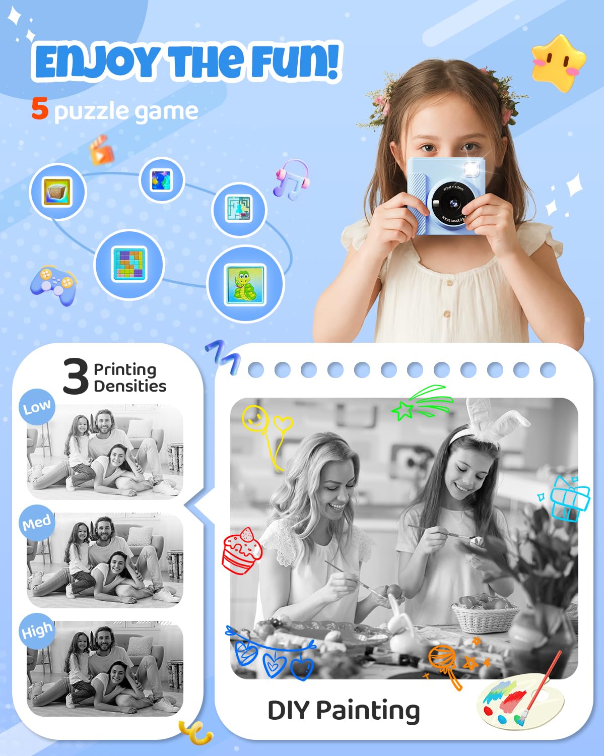 TIATUA Kids Instant Print Camera 12MP lens delivers crisp, clear memories for children.