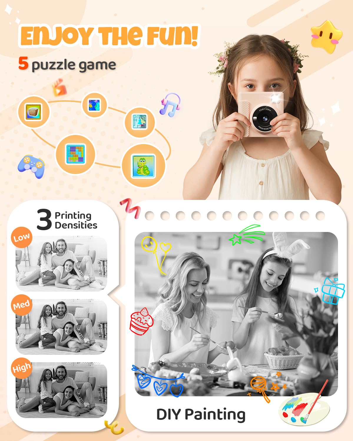 TIATUA Kids Instant Print Camera 12MP lens emphasizing sharp photos for kids