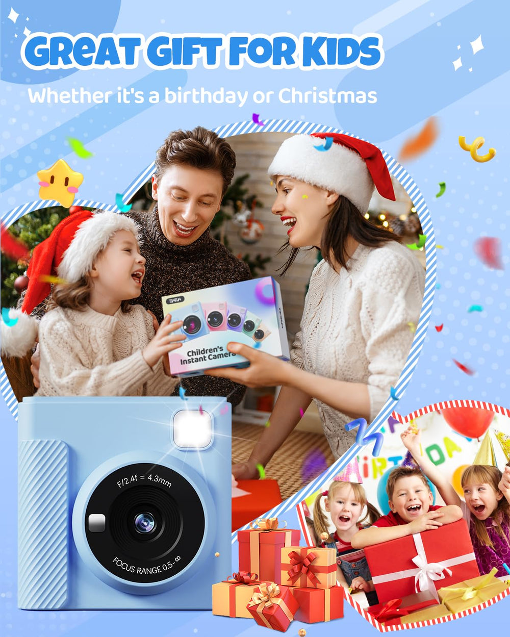 TIATUA Kids Instant Print Camera 32GB memory card keeps many photos organized.