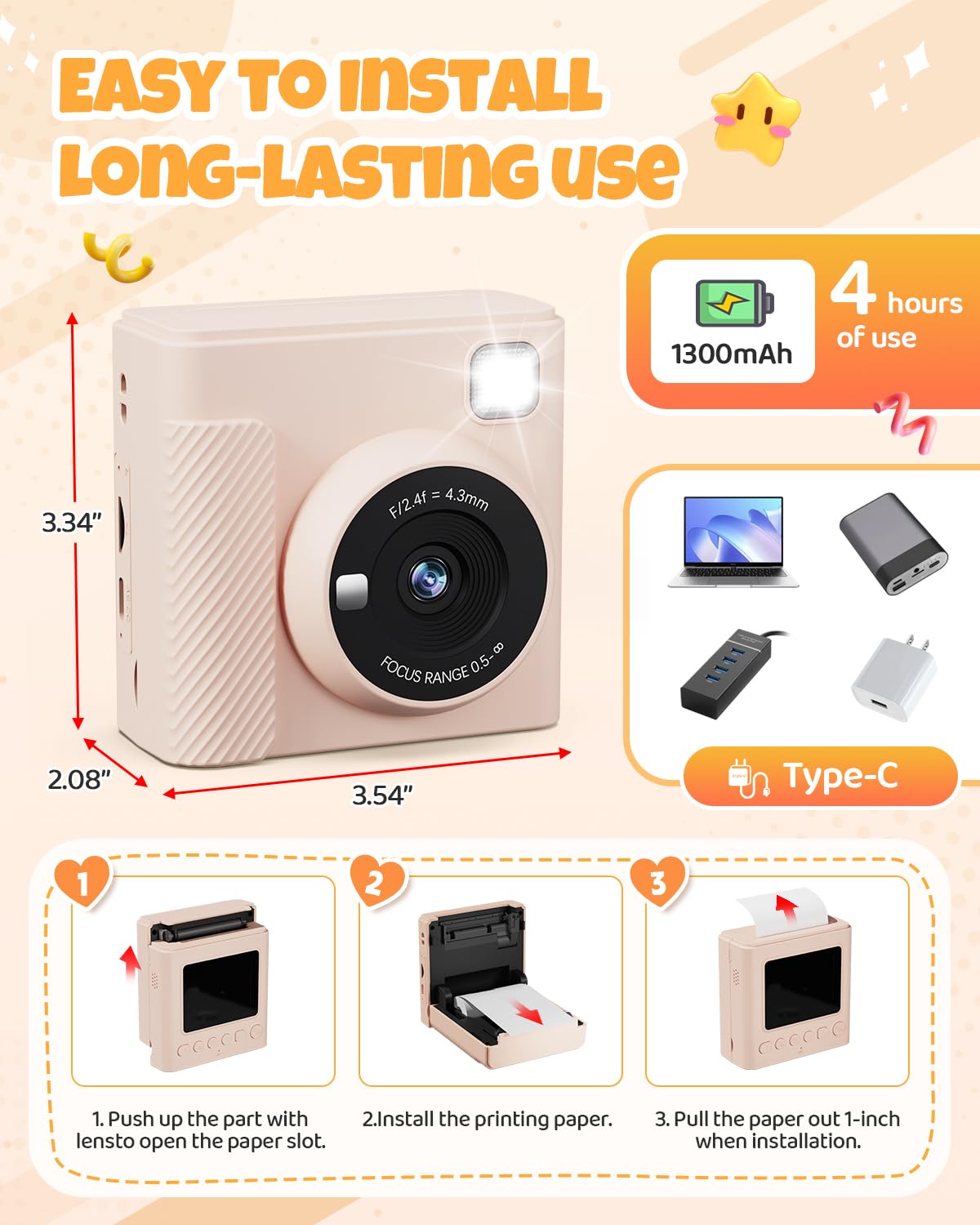TIATUA Kids Instant Print Camera 1300mAh battery indicating long-lasting playtime