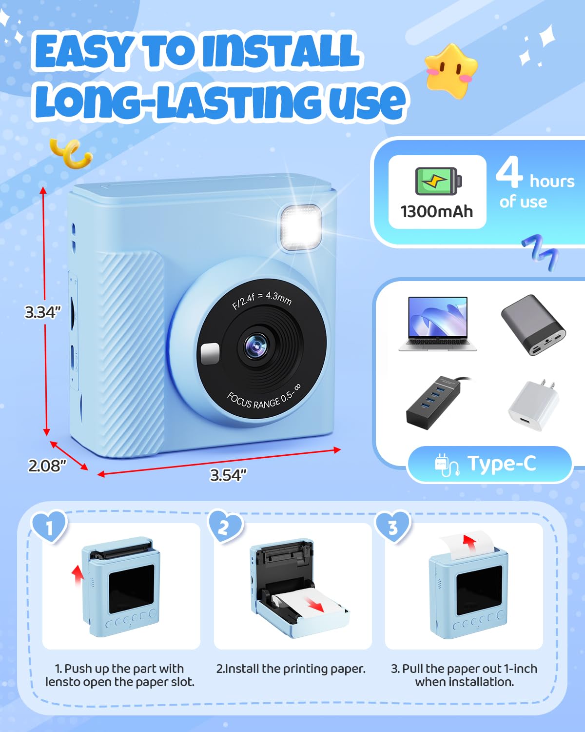 TIATUA Kids Instant Print Camera battery life supports hours of creative play.