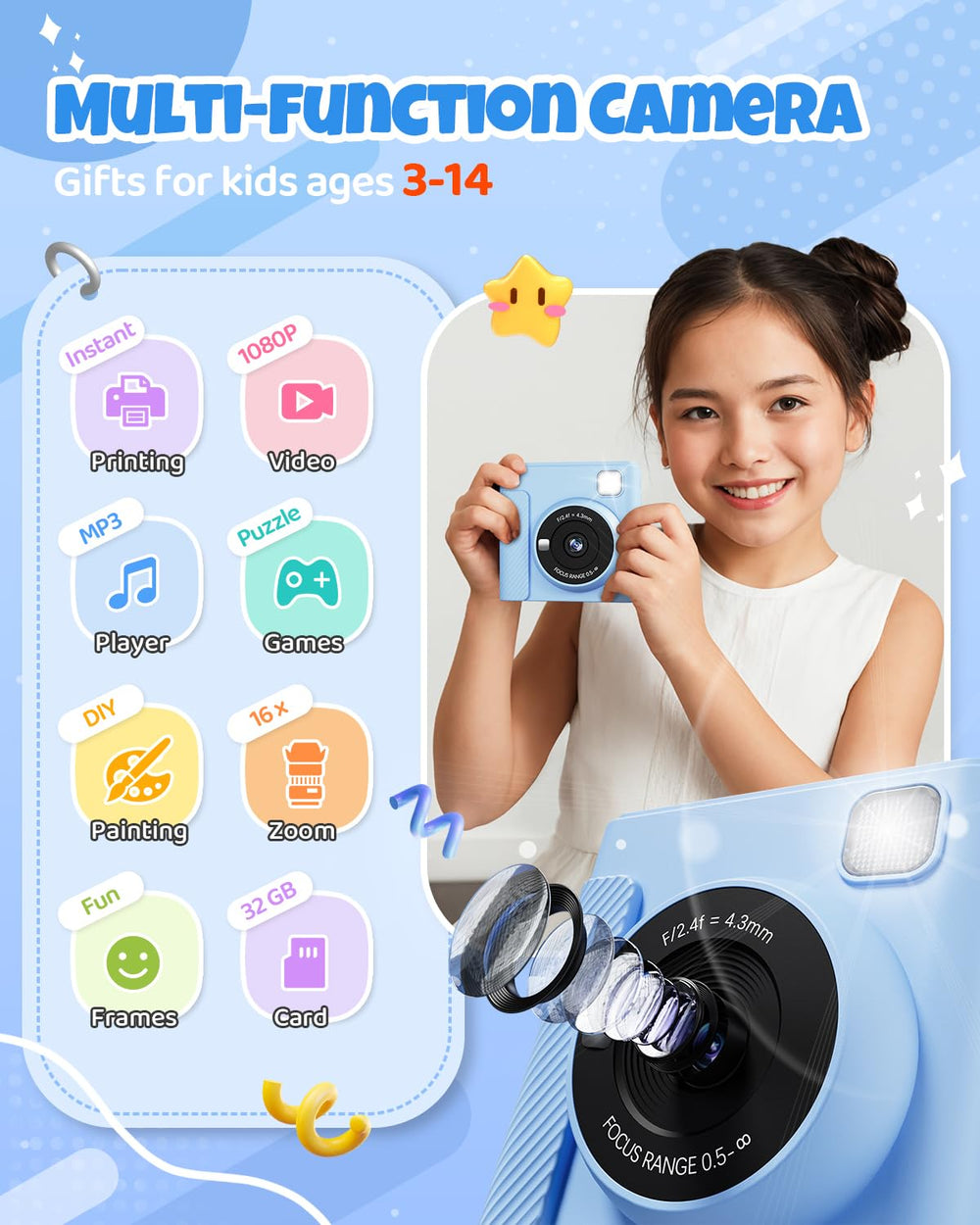 TIATUA Kids Instant Print Camera blue side holding position shows comfortable grip for small hands.