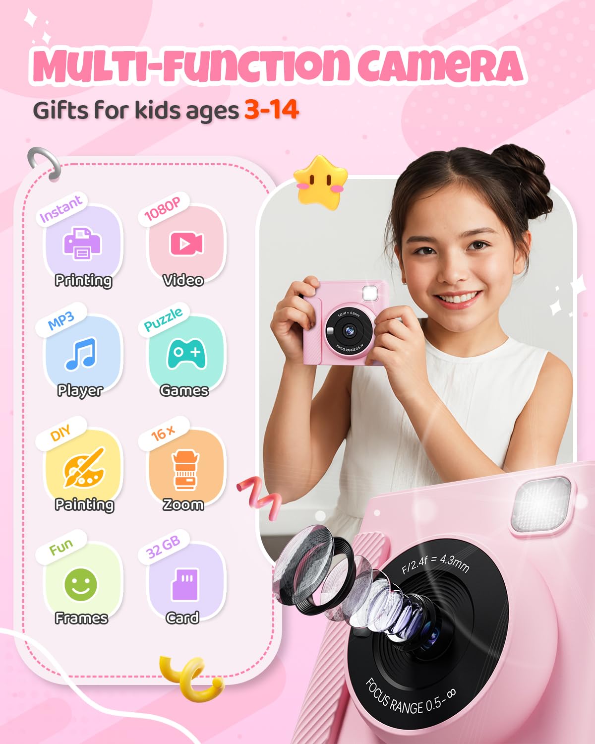 TIATUA Kids Instant Print Camera pink back view, showing the controls for easy use.