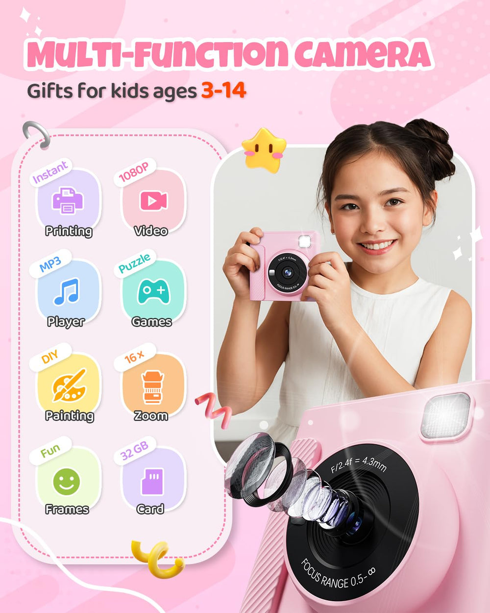 TIATUA Kids Instant Print Camera pink back view, showing the controls for easy use.