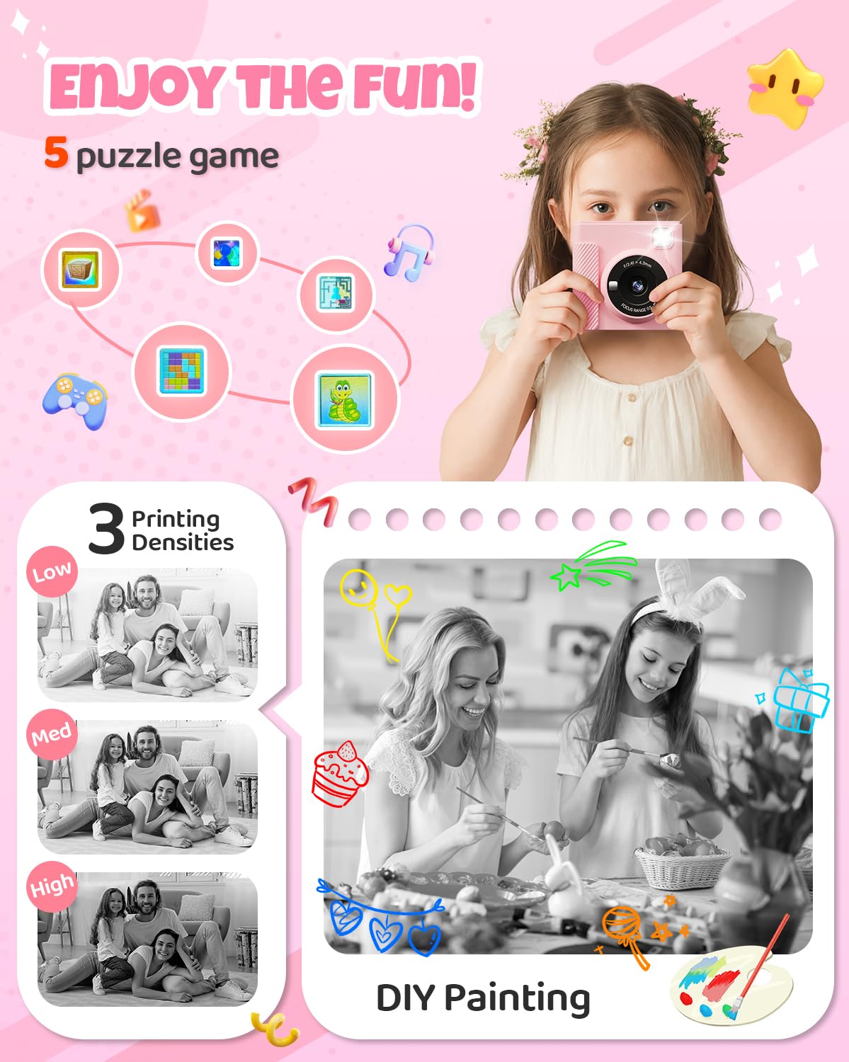 TIATUA Kids Instant Print Camera pink battery 1300mAh, long playtime per charge.