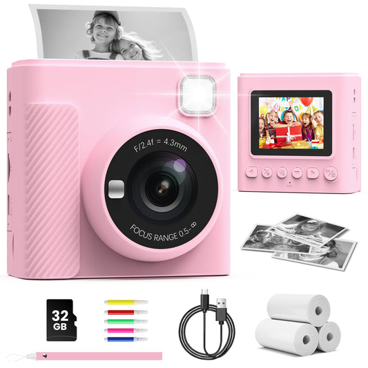 TIATUA Kids Instant Print Camera pink front view, ready for quick keepsake photos.