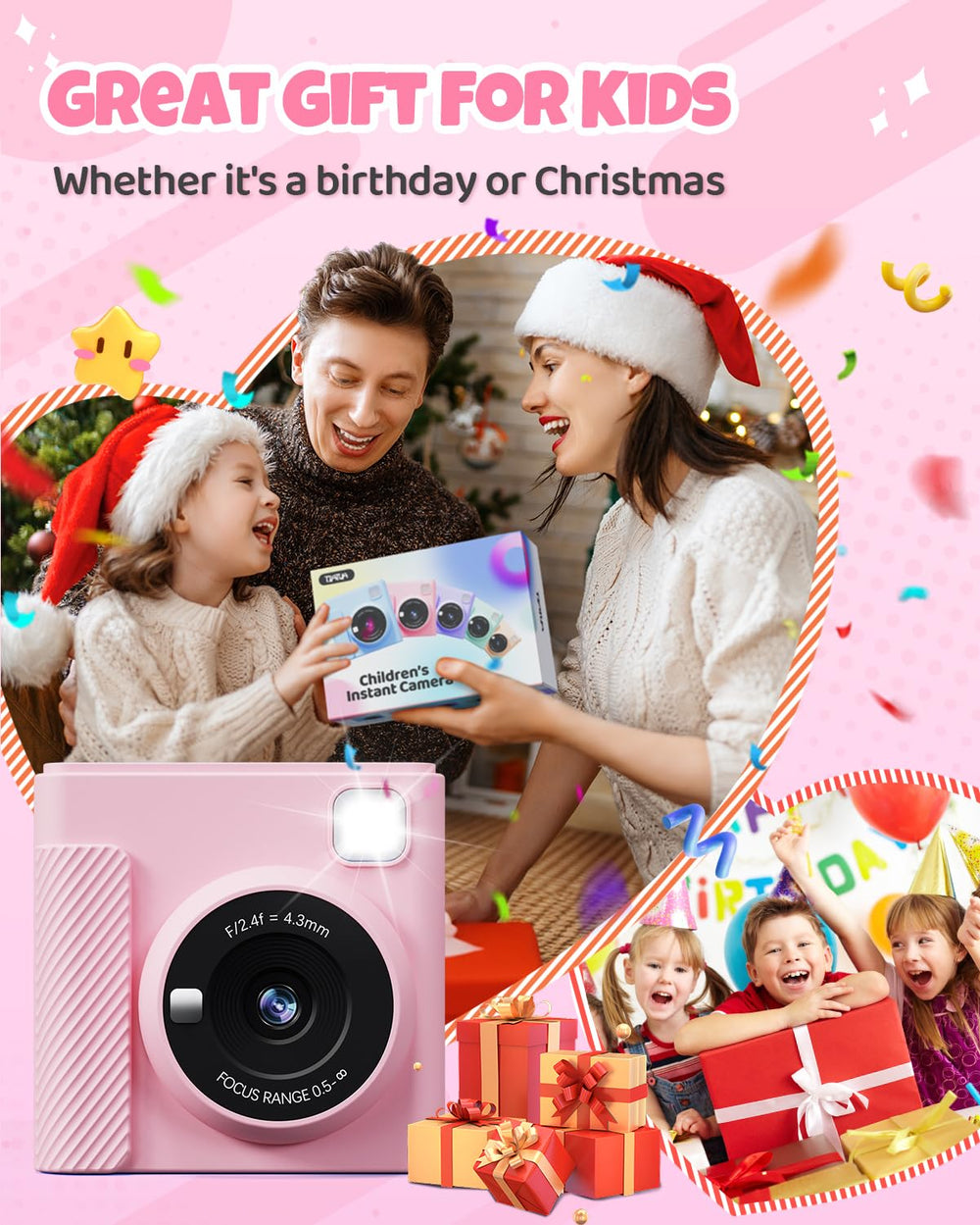 TIATUA Kids Instant Print Camera pink memory card 32GB, ample storage for memories.