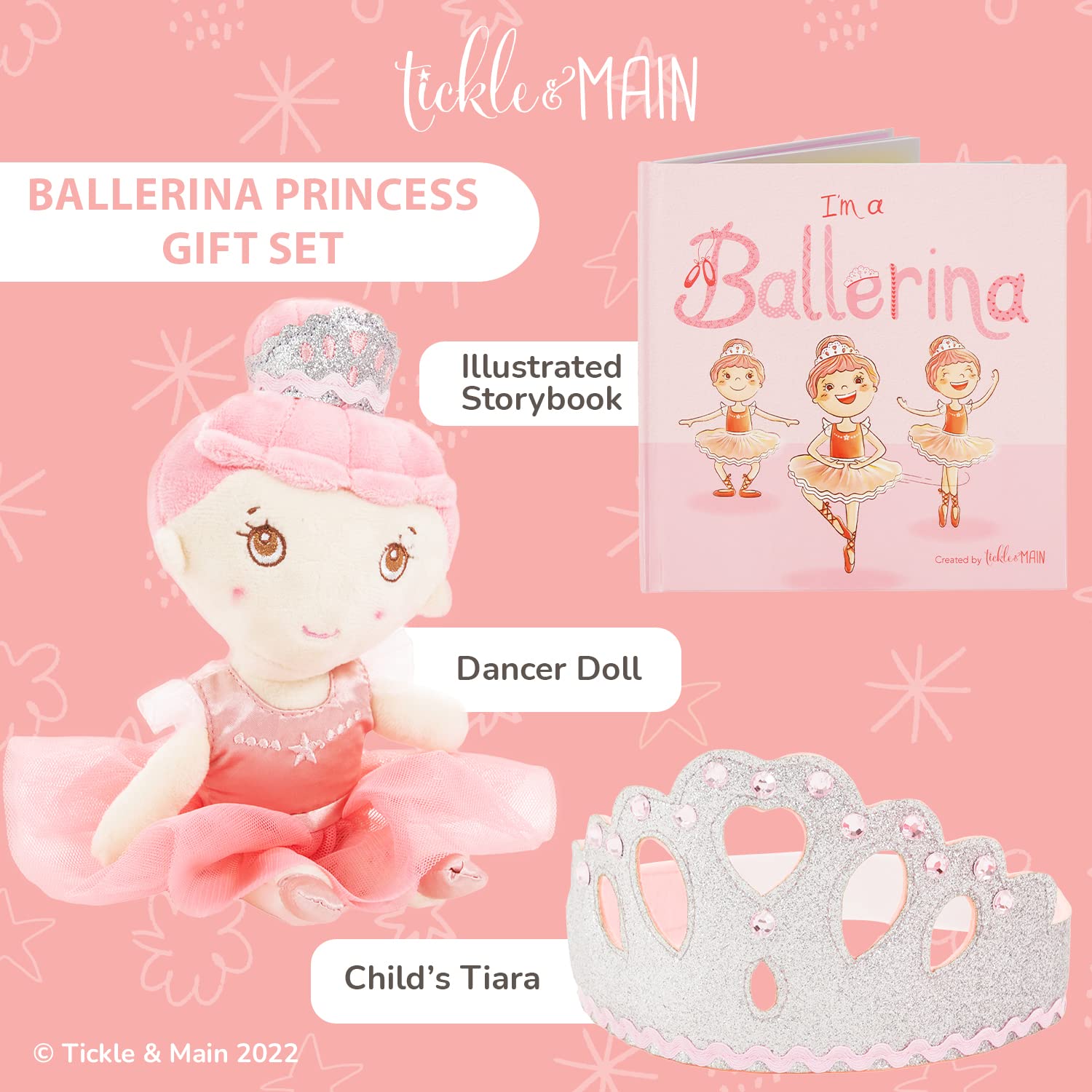 Close-up of the 11-inch Tickle & Main ballerina doll for imaginative play.