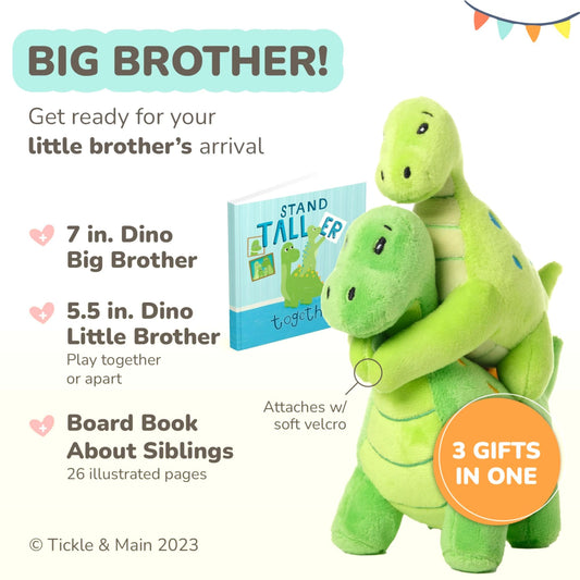 Tickle & Main big and little brother dinosaurs plush showing cuddly fabric for gentle play.
