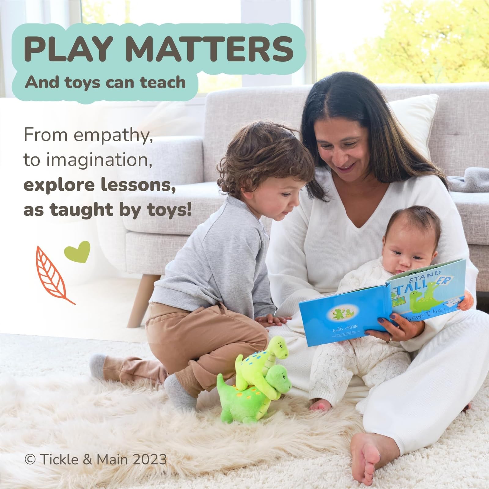 Tickle & Main dinosaur plush close-up showcasing soft cotton fabric and child-friendly safety.