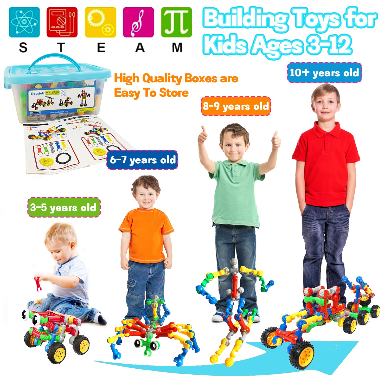 Tidesiok 130-piece kit robot model promoting STEM learning and problem solving.