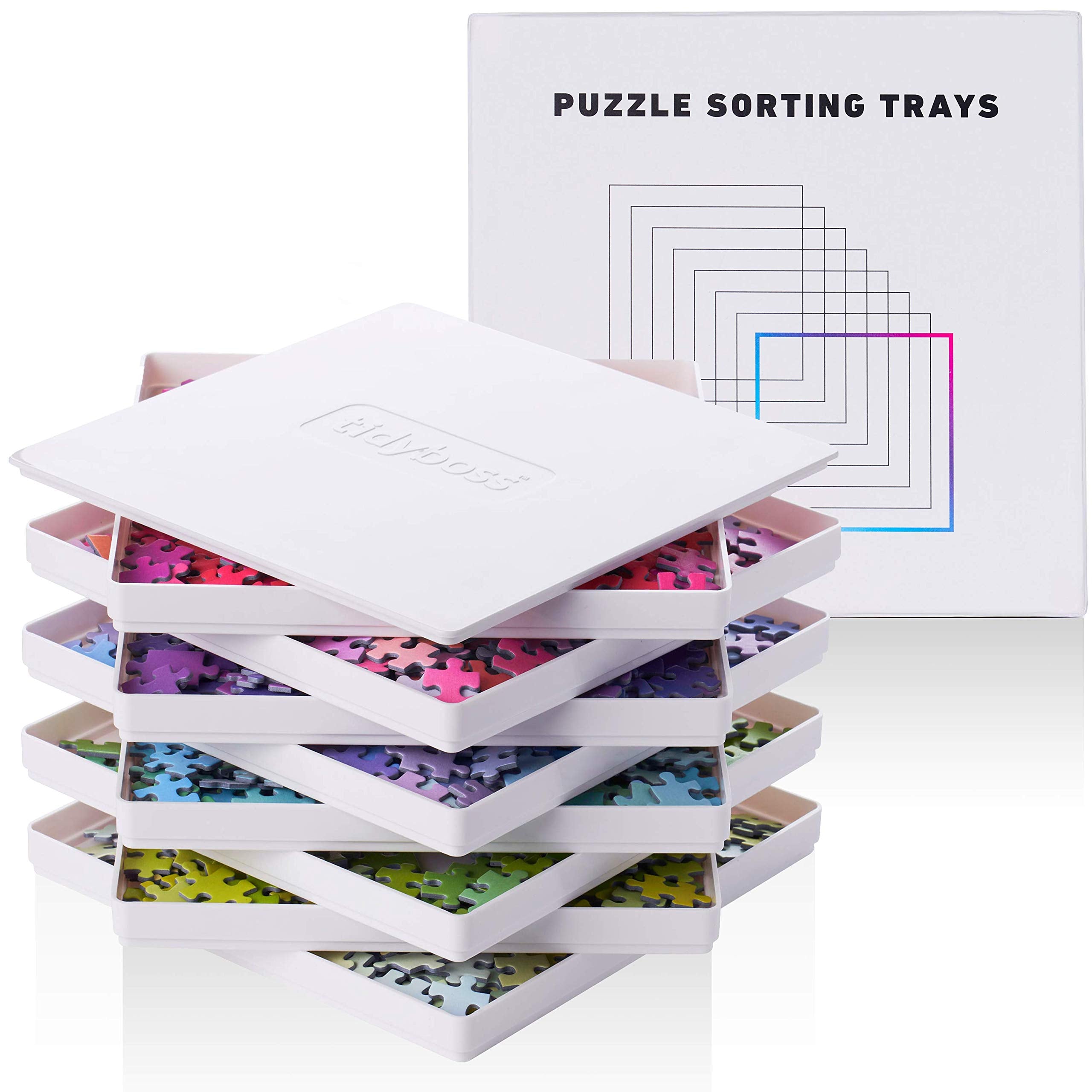 Tidyboss 8-puzzle trays with lid keep pieces organized during transport.