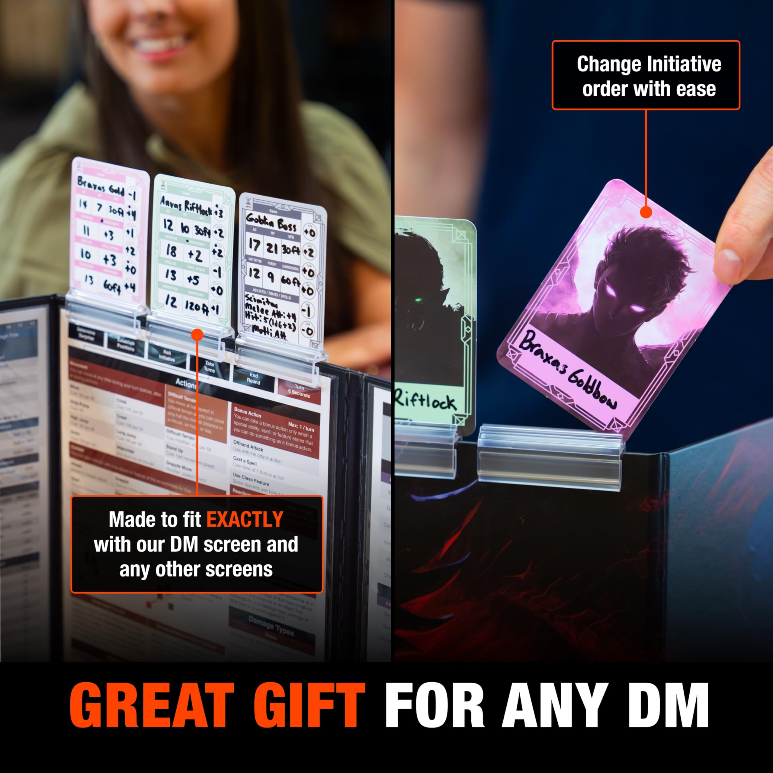 Tidyboss DM screen clip attachment securing cards on a screen