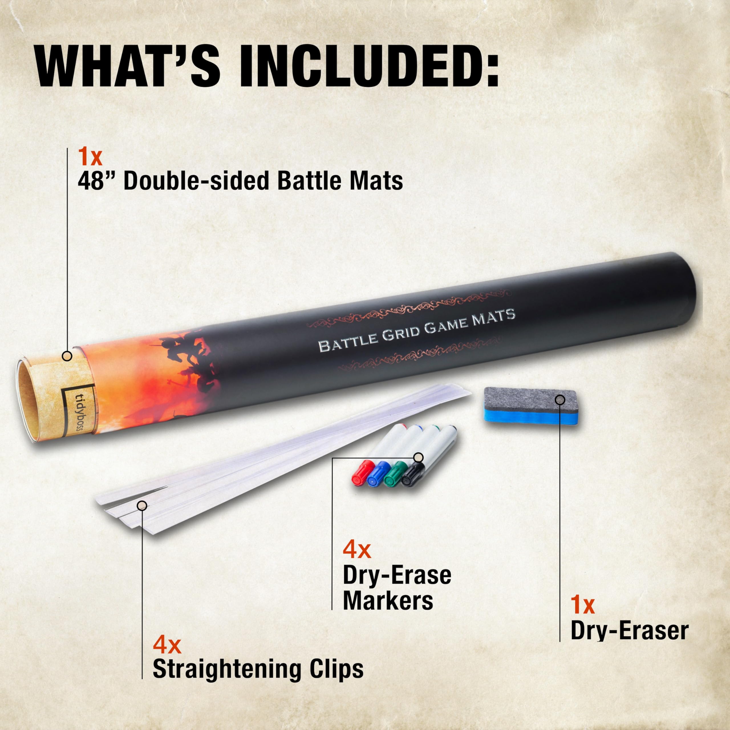 TIDYBOSS battle mat dry-erase surface easy to wipe clean between sessions.