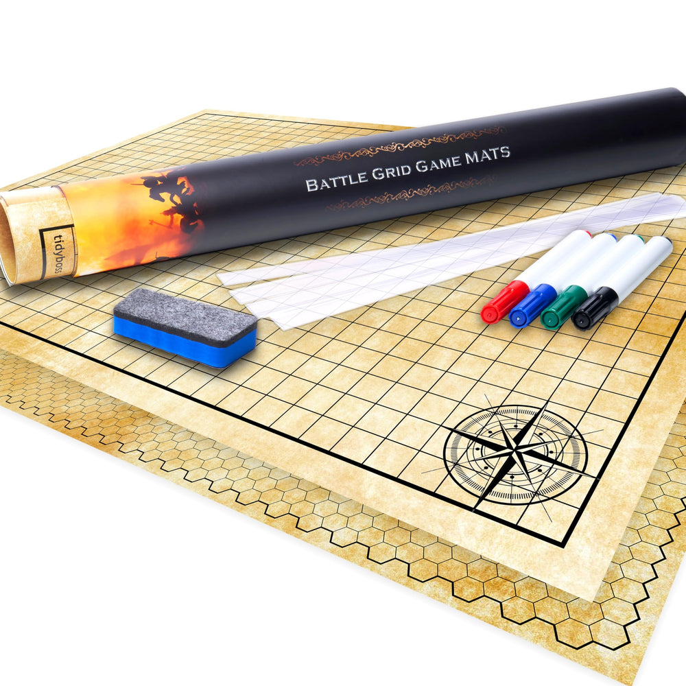 TIDYBOSS 36x48 DND map double-sided with grid and hex for precise mini placement.