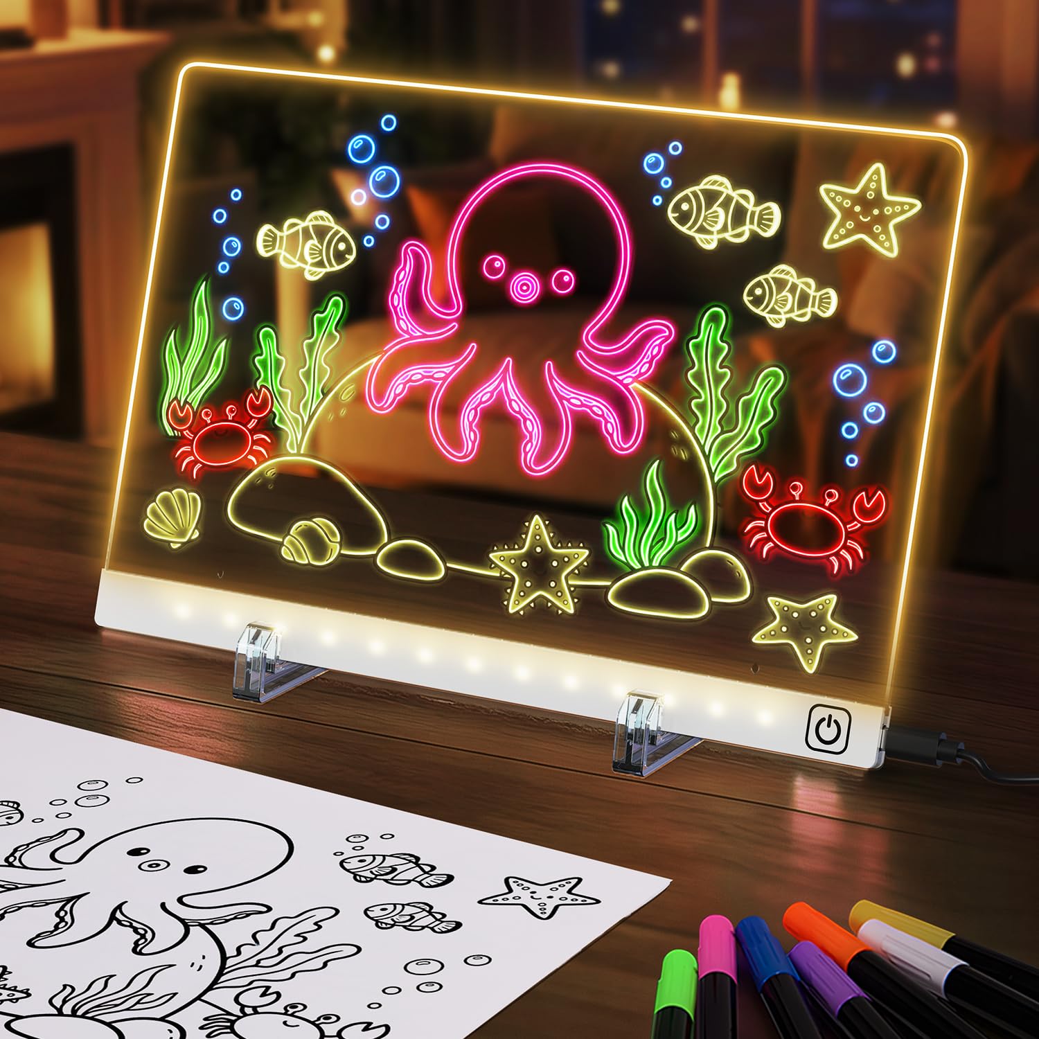 TidyKidz LumiBoard front view with seven-color glow for creative drawing and notes