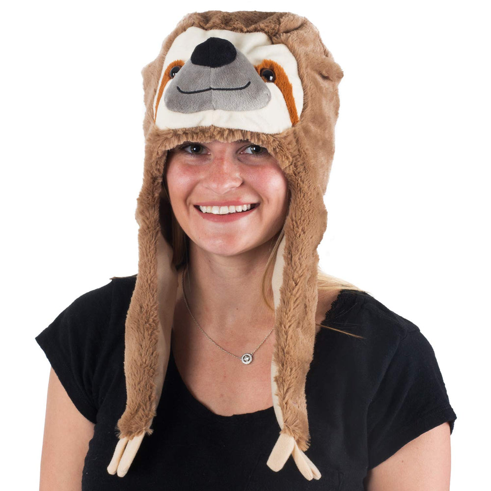 Tigerdoe plush sloth hood hat poms indicate secure fit.