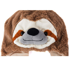 Tigerdoe plush sloth hood hat side view shows cozy versatility.