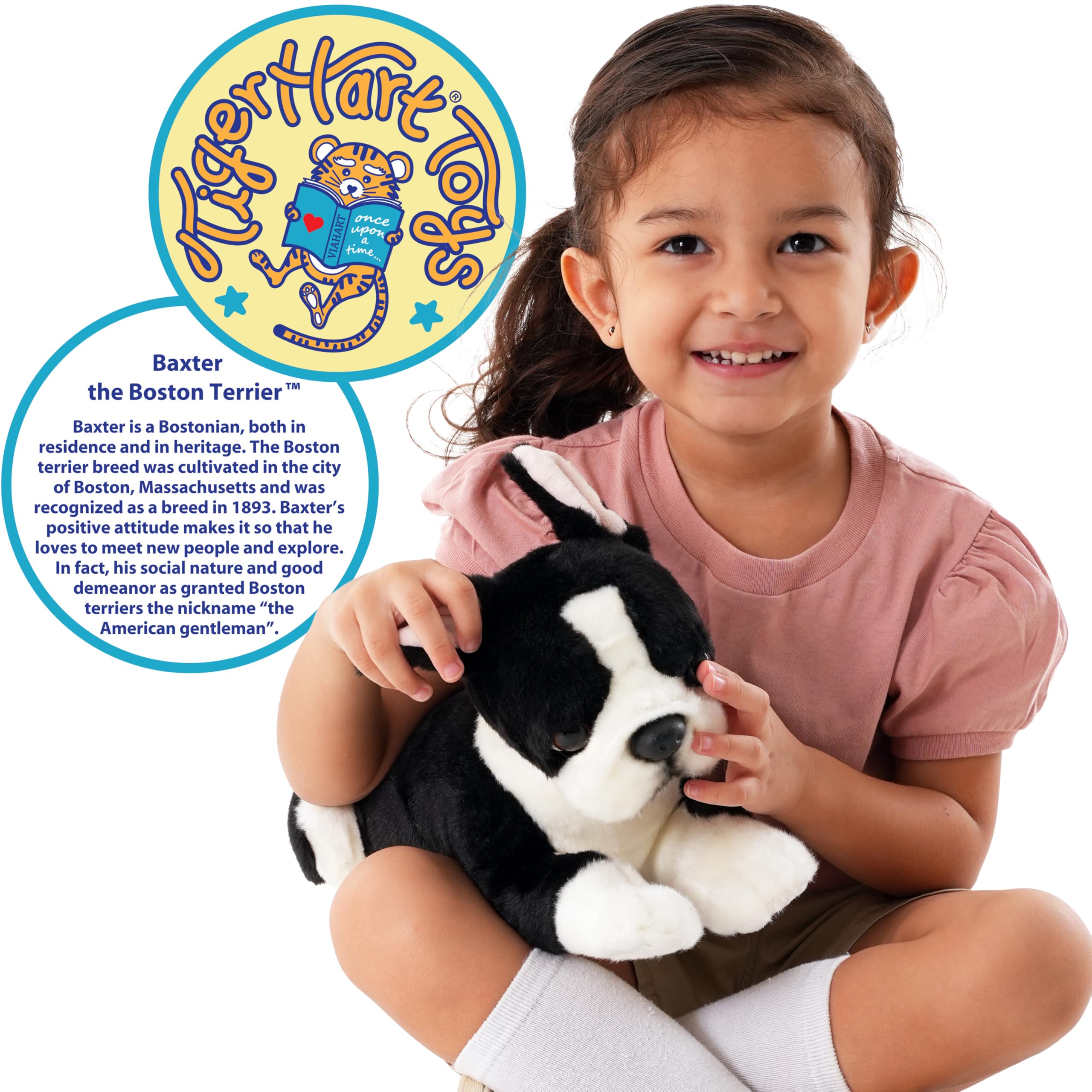 TigerHart Baxter Boston Terrier 12-inch side view plush, durable fabric for daily play.