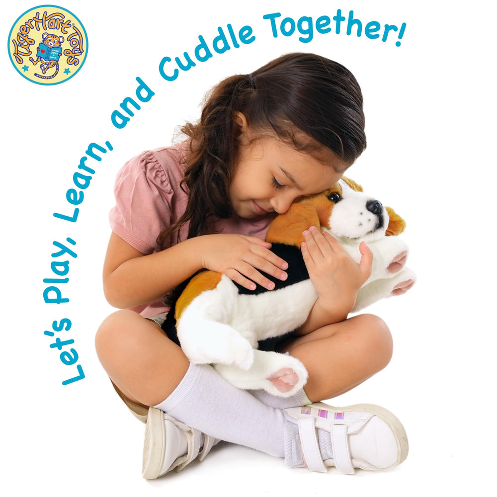 TigerHart Burkham Beagle plush easy care tag suggests hand-wash friendly care.
