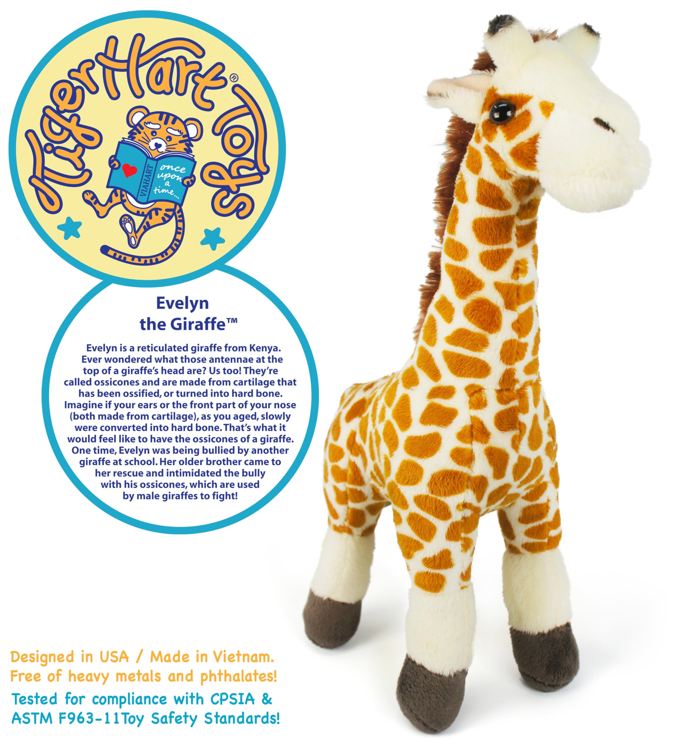 TigerHart Evelyn giraffe plush side view displays compact 11-inch size for easy display.