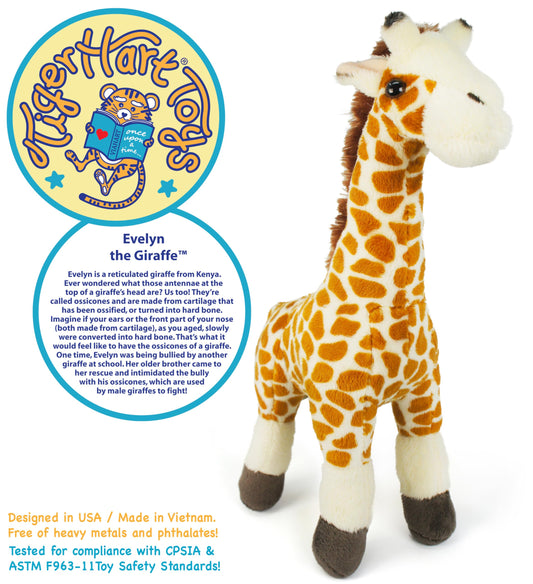 TigerHart Evelyn giraffe plush side view displays compact 11-inch size for easy display.