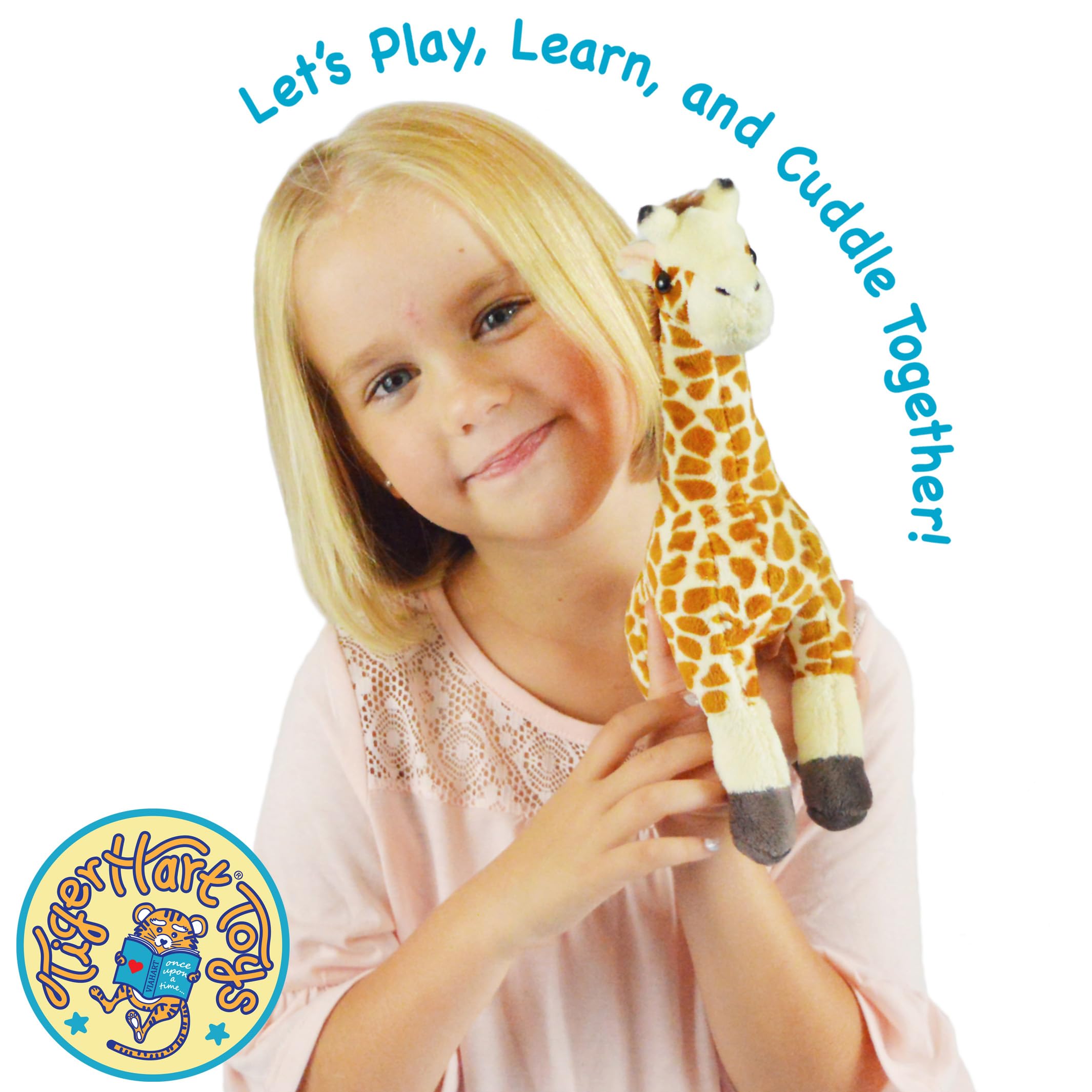 TigerHart Evelyn giraffe plush storytelling panel emphasizes its backstory for imaginative play.
