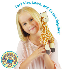 TigerHart Evelyn giraffe plush storytelling panel emphasizes its backstory for imaginative play.