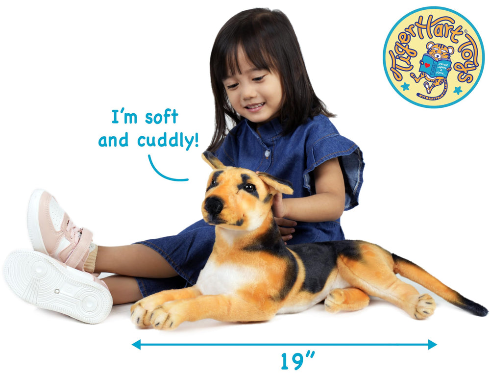 TigerHart Hero German Shepherd 19in plush side view, durable stitching for play