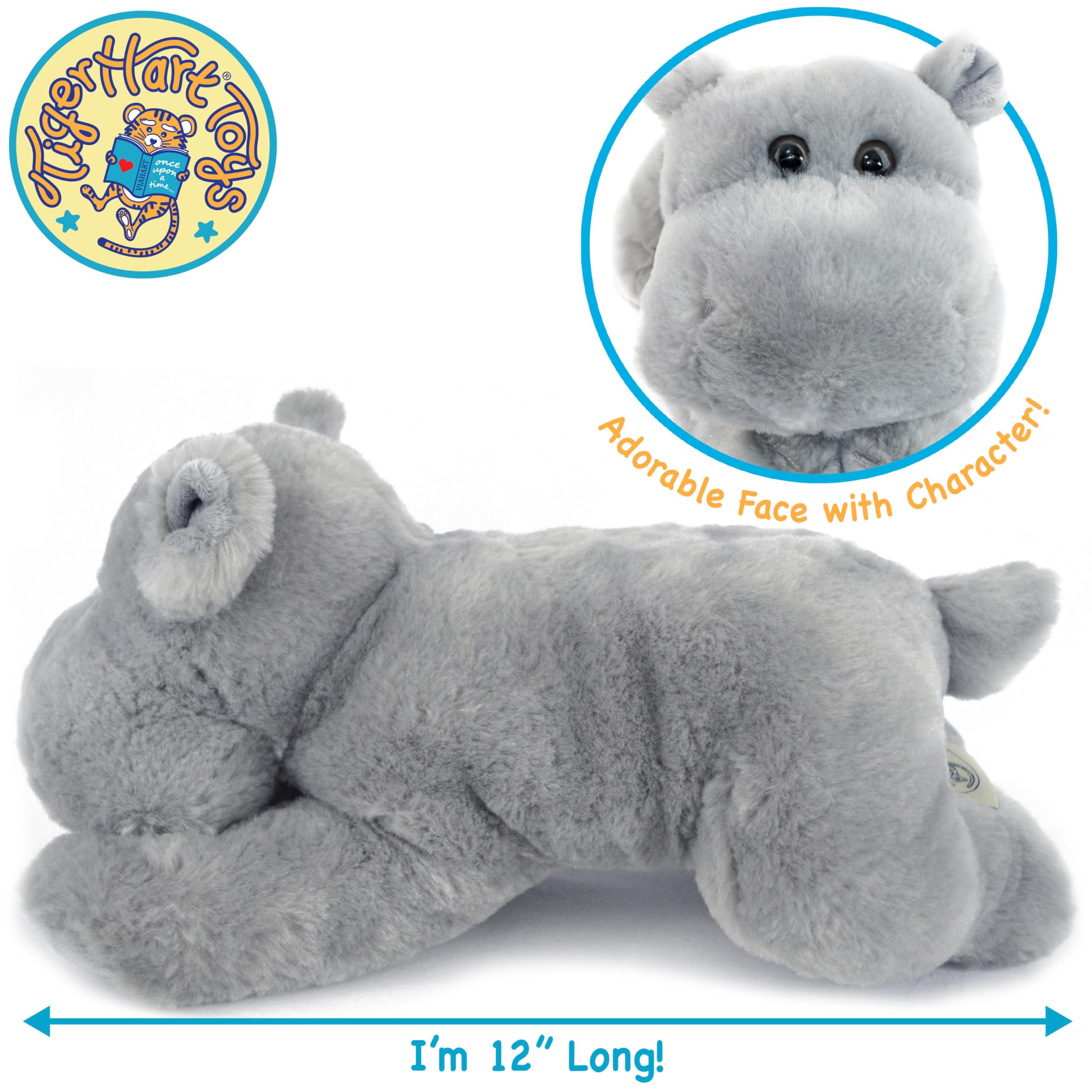 TigerHart Huck the Hippo plush measures 12 inches for portable comfort.