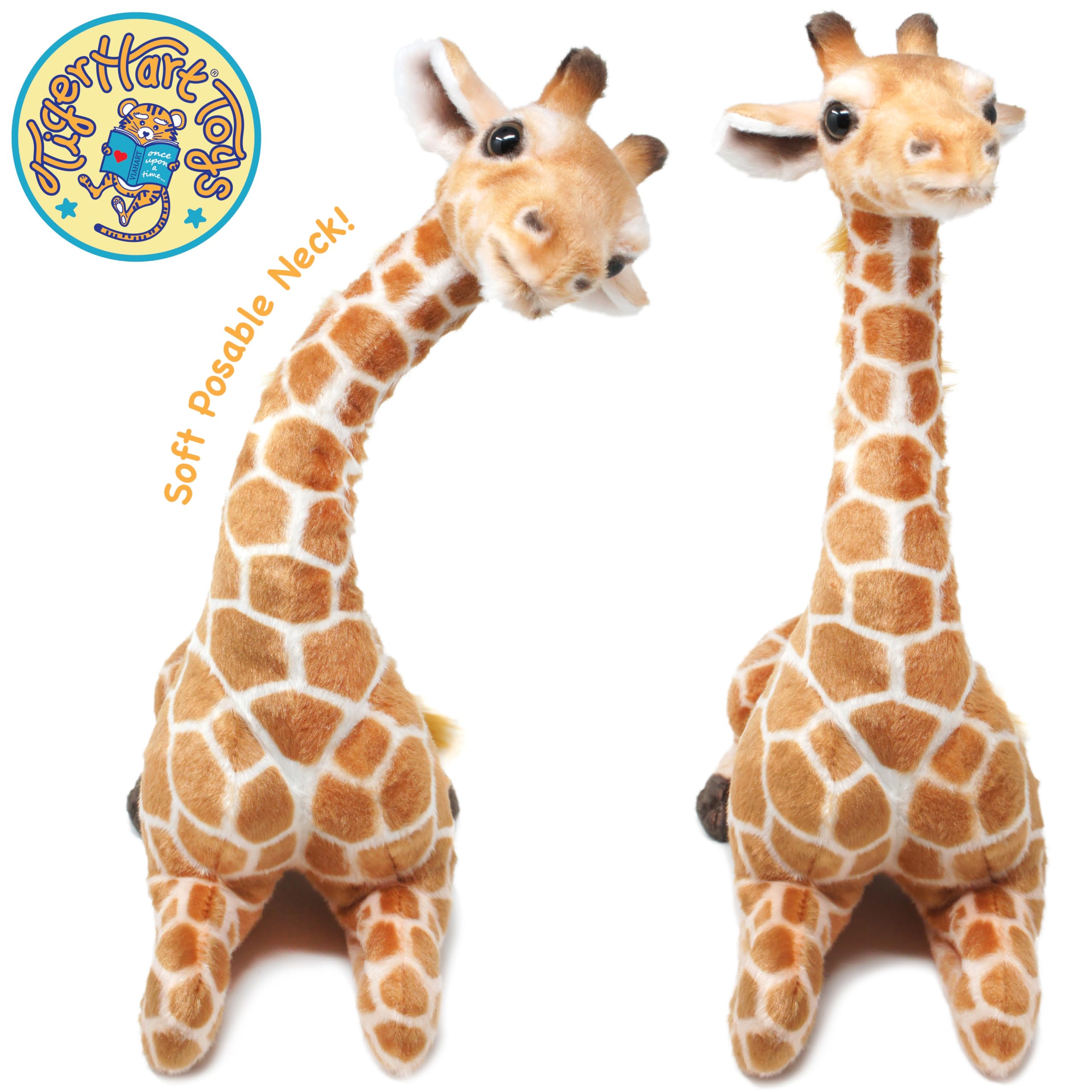 TigerHart Jehlani giraffe plush features poseable vertebrae for flexible posing.