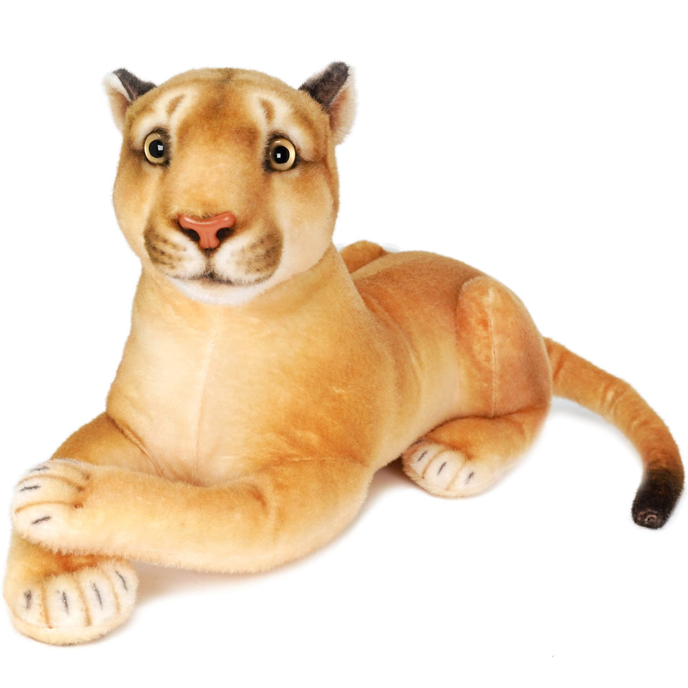 TigerHart Monique mountain lion plush face close-up, ultra-soft fabric for gentle cuddling.