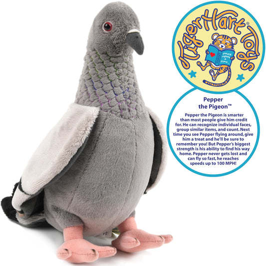 TigerHart Pepper the Pigeon snuggle closeup shows soft plush fabric and inviting charm.