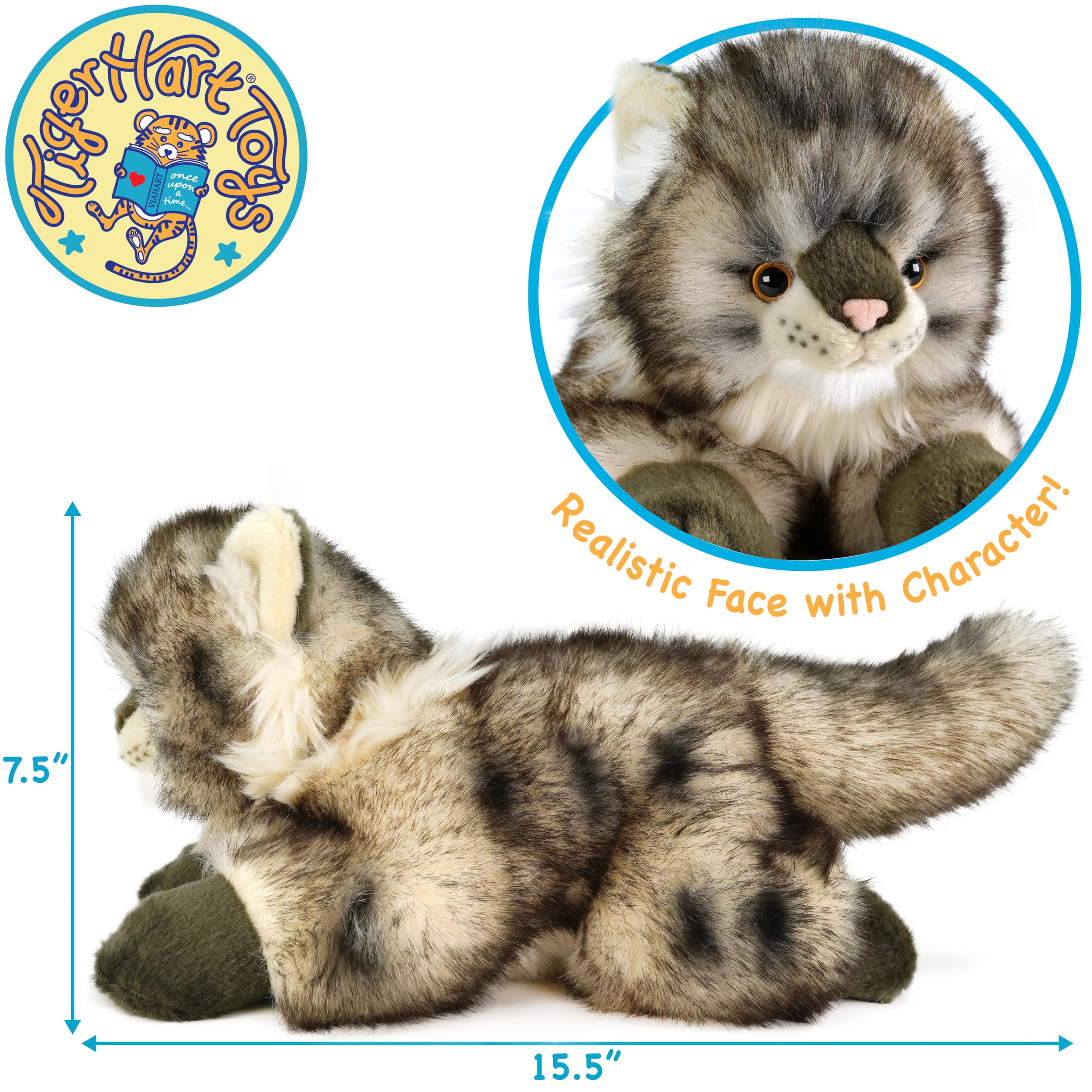TigerHart Ricky Maine Coon plush measures 16-inch, ideal for display or cuddling.