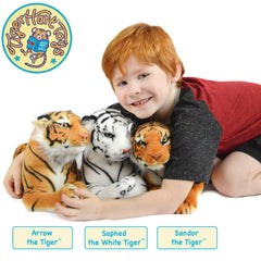 TigerHart Saphed White Tiger plush displayed on a shelf for decor and gifting.