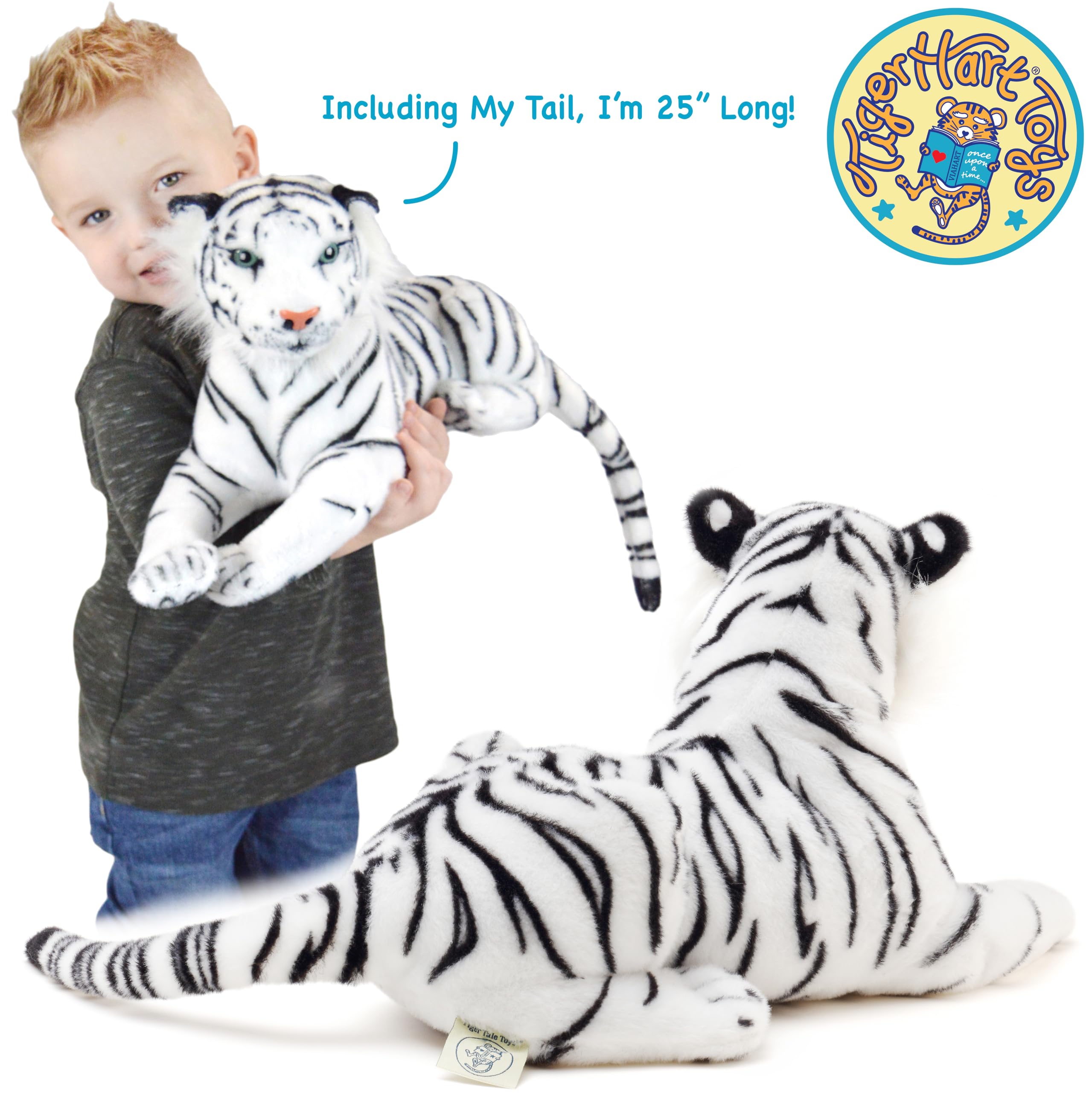 TigerHart Saphed White Tiger plush head close-up showing detailed fur pattern.