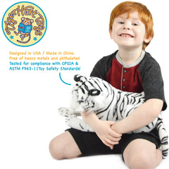 TigerHart Saphed White Tiger plush held by a child for comforting companionship.