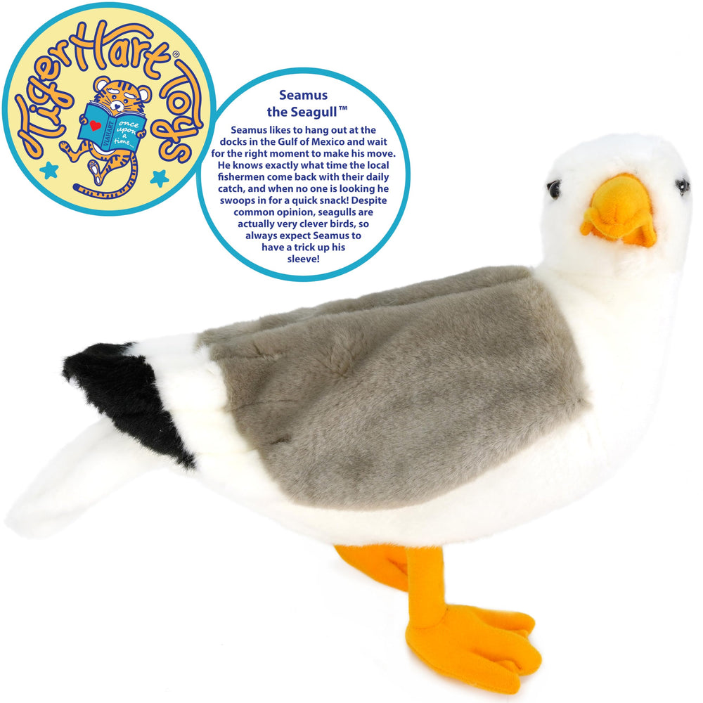 TigerHart Seamus the Seagull 12-inch plush, side view, poseable wires for posture poses