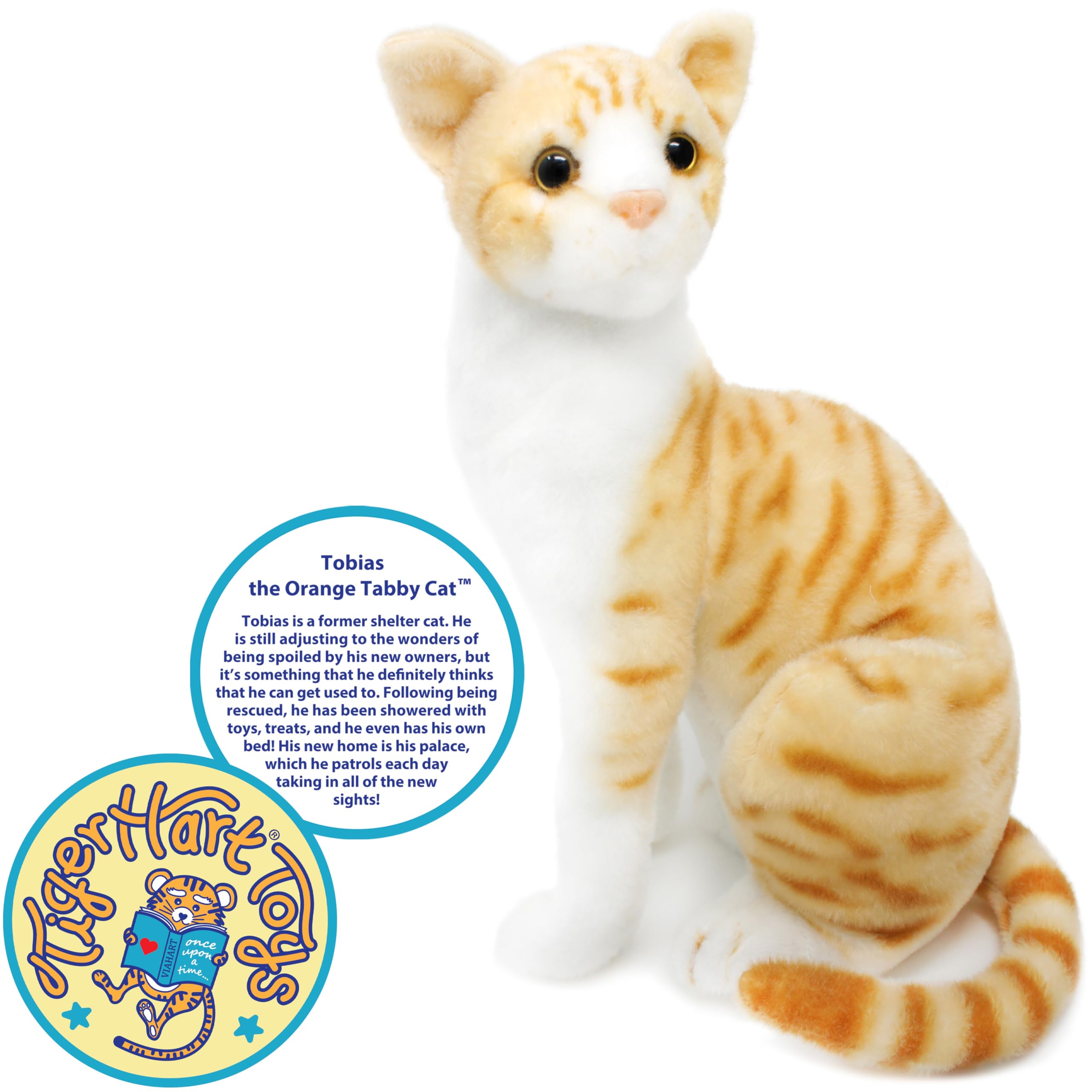 TigerHart Tobias orange tabby plush top view illustrating compact 9 by 6.5 by 12.5 inch size for hugs.