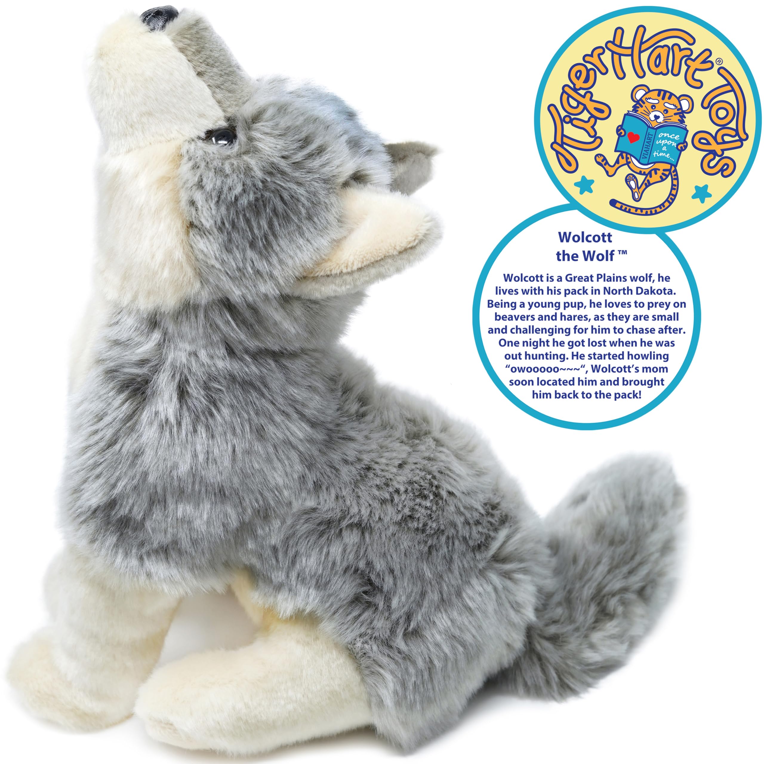 TigerHart Wolcott Wolf plush uses durable polyester and acrylic fabrics.