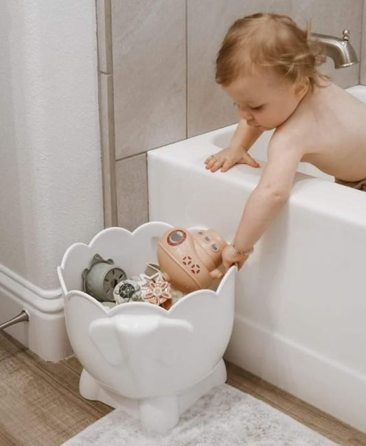 Tiipi Bath Buddy with removable base drains toys outside the tub for quick drying.