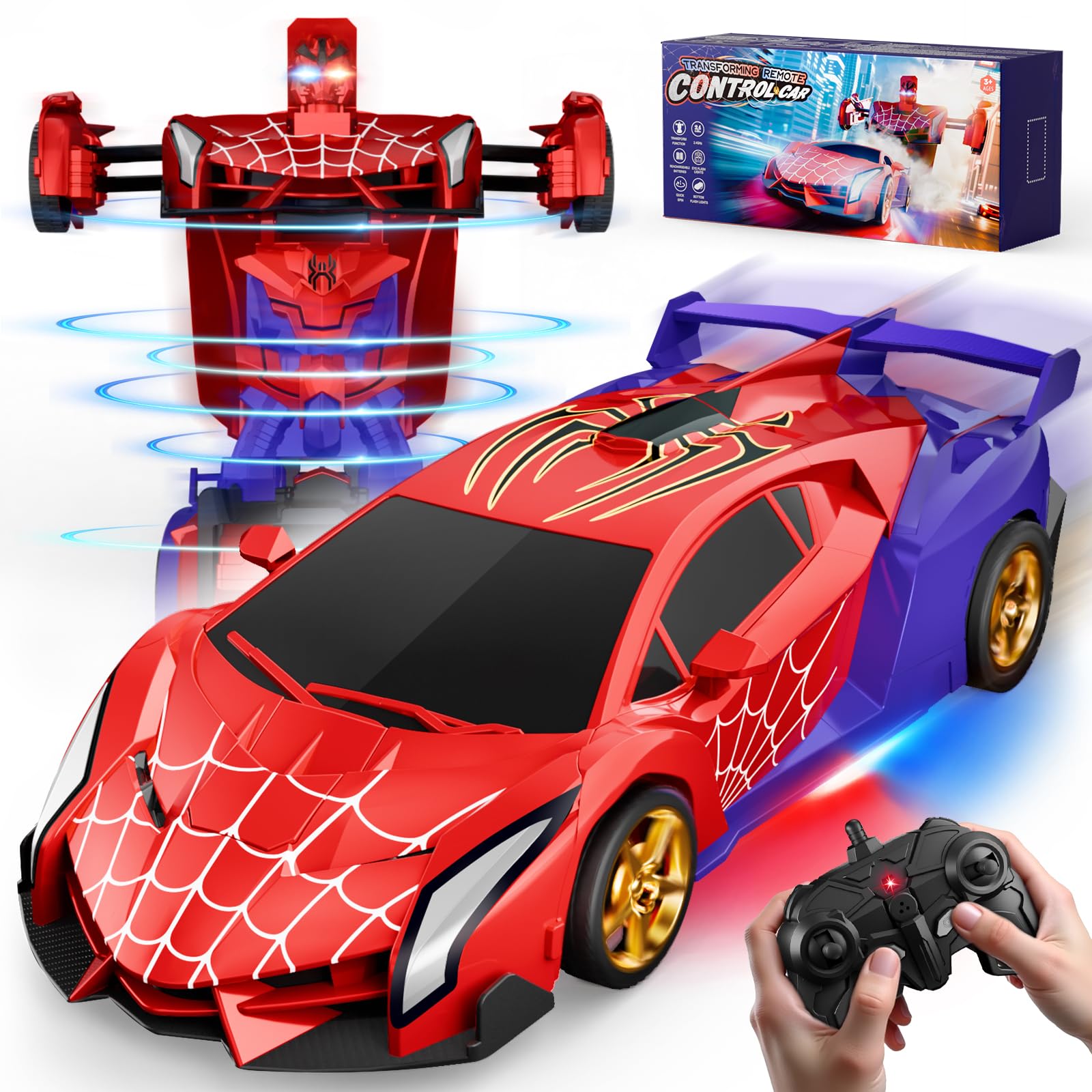 TIKAFONY Spider Transform RC Car with eye and underbody lights for immersive play