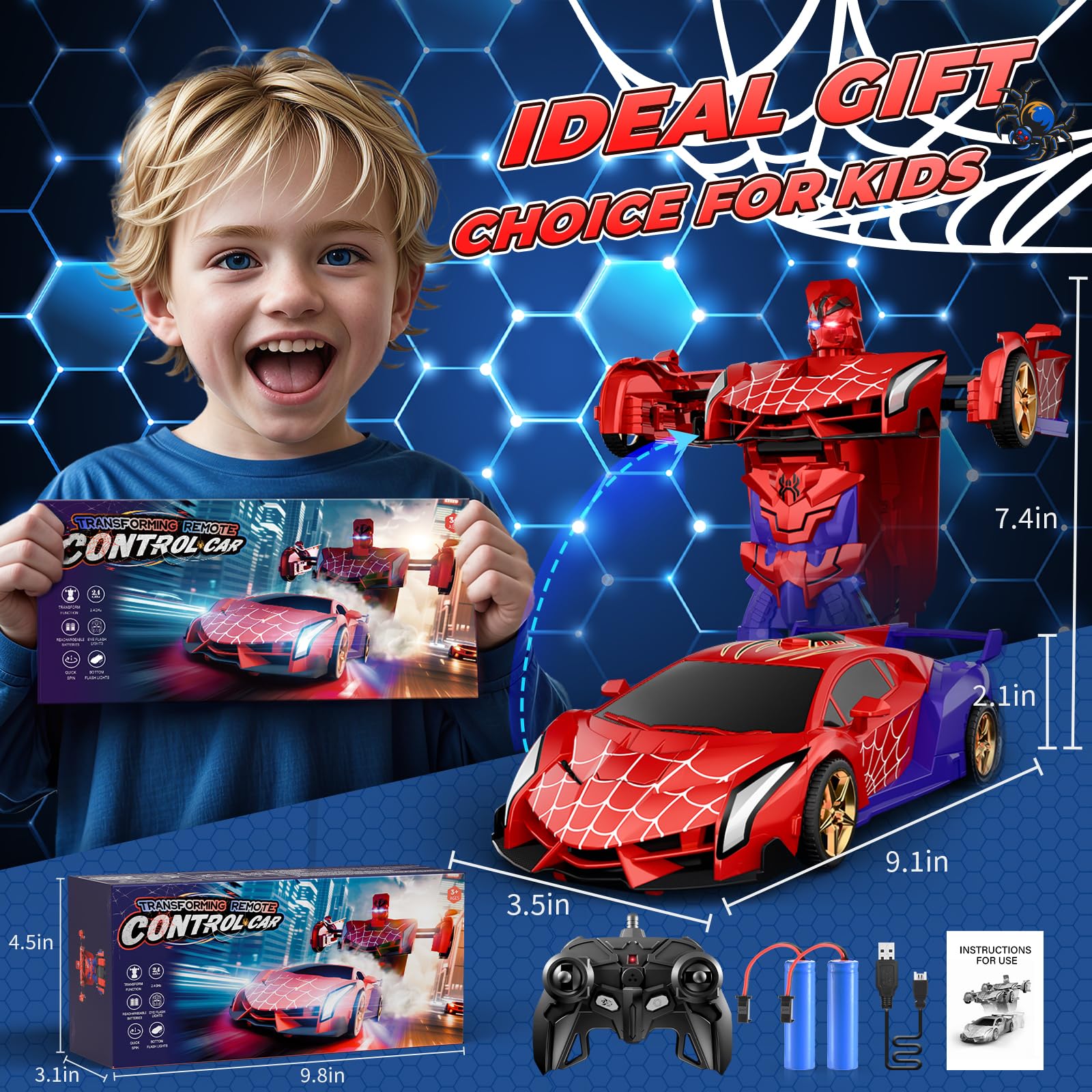 TIKAFONY Spider Transform RC Car gift-ready with exciting lights and action