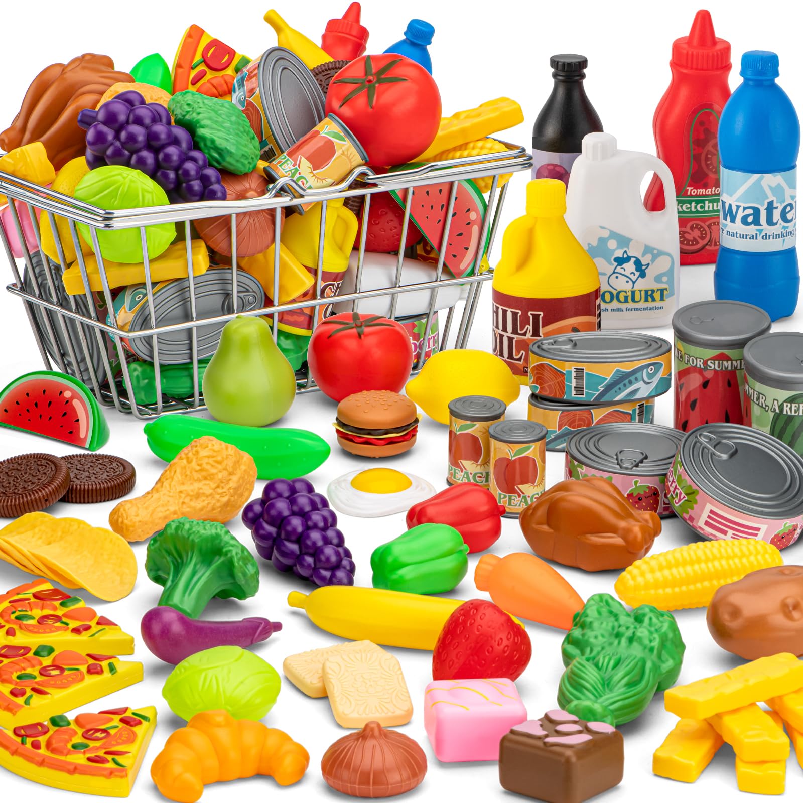 TikOnsYol 55 Pcs grocery set with canned goods for imaginative shopping play and sorting