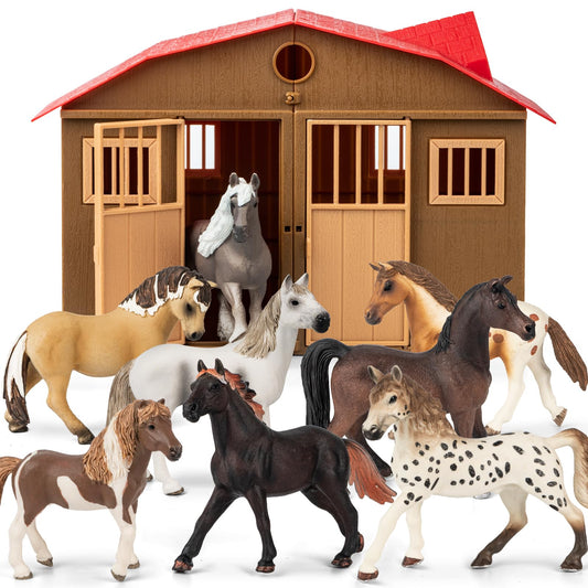 TikOnsYol 8-in-1 horse set with stable front view for imaginative play.