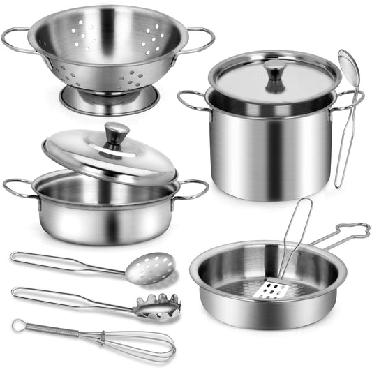 TikOnsYol stainless-steel kitchen utensils gleaming for pretend cooking