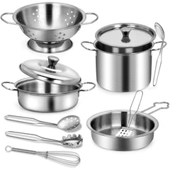 TikOnsYol stainless-steel kitchen utensils gleaming for pretend cooking